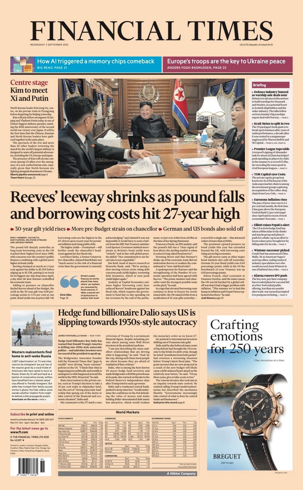 The headline on the front page of the Financial Times reads: "Reeves' leeway shrinks as pound falls and borrowing costs hit 27-year high".