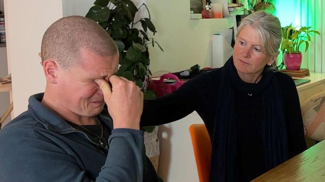 Jamie Morris in tears next to his Mum Justine