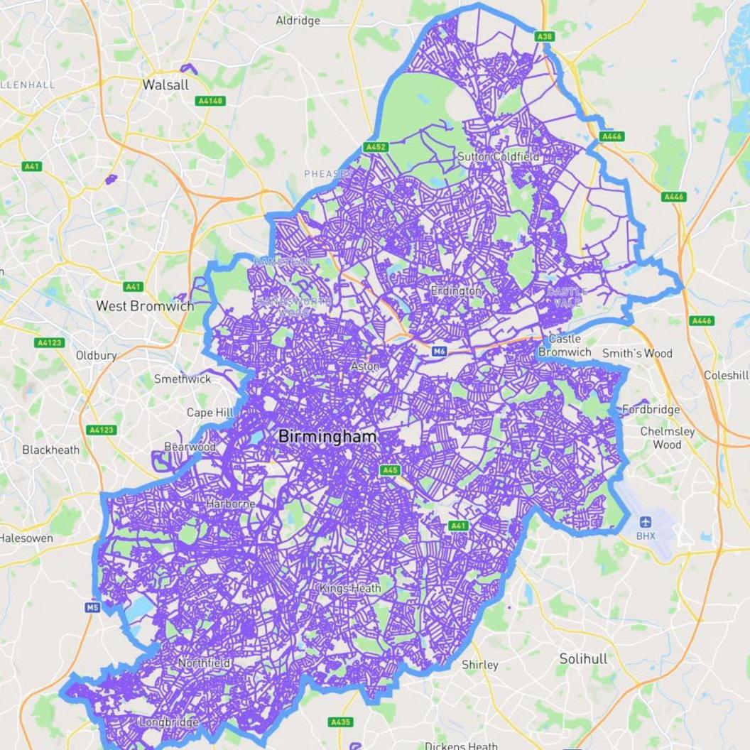 A picture of Nigel's CityStrides map which shows a map of Birmingham and all the streets he has run highlighted in purple across it.