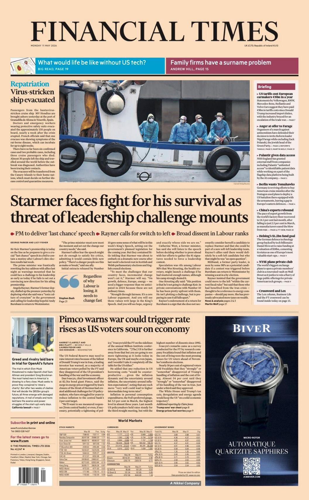Titulli në faqen e parë të Financial Times thotë: “Starmer përballet me betejën për mbijetesën e tij, ndërsa kërcënimi i sfidës së lidershipit rritet”.
