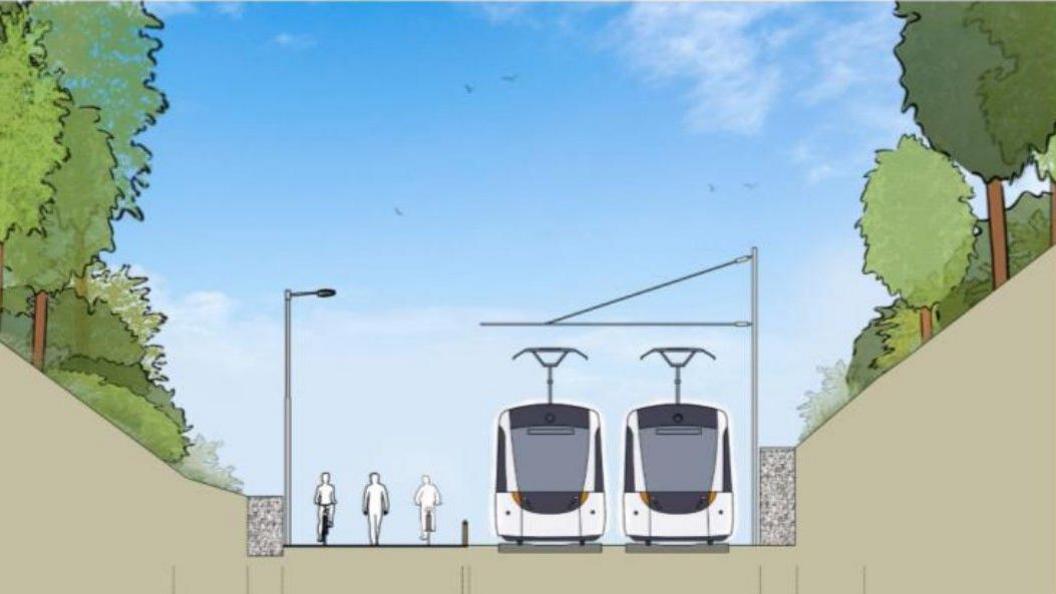 A line drawing showing two trams side by side. There are walkers and cyclists on the other half of the path.