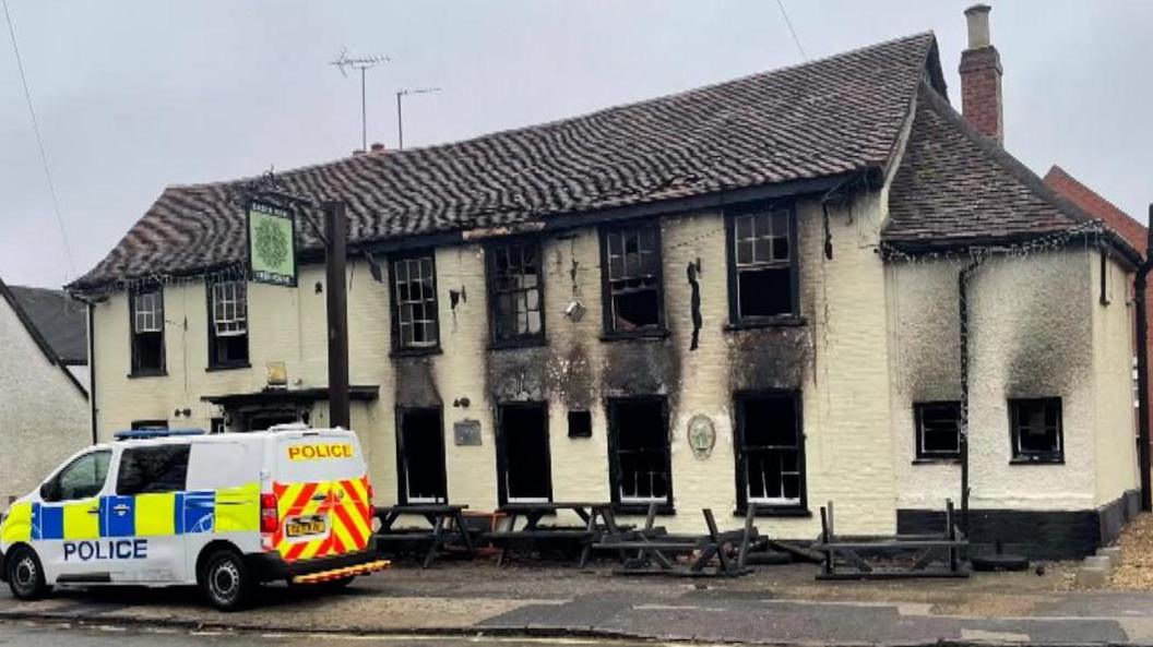 A burnt out Green Man pub in Clophill, Bedfordshire