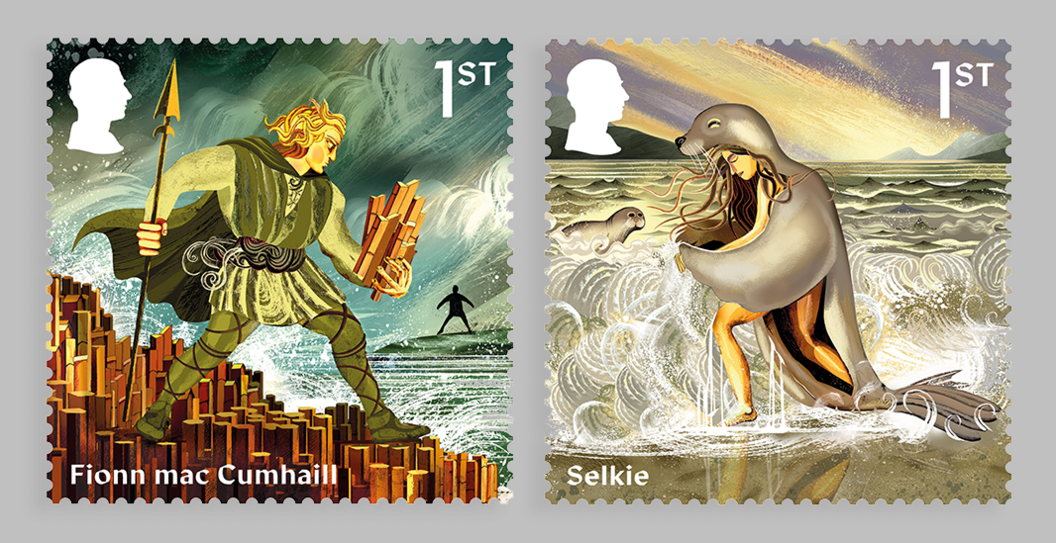 The stamp on the left depicts hero Fionn mac Cumhaill and on the left a Selkie stepping out of  its seal skin to become a human woman