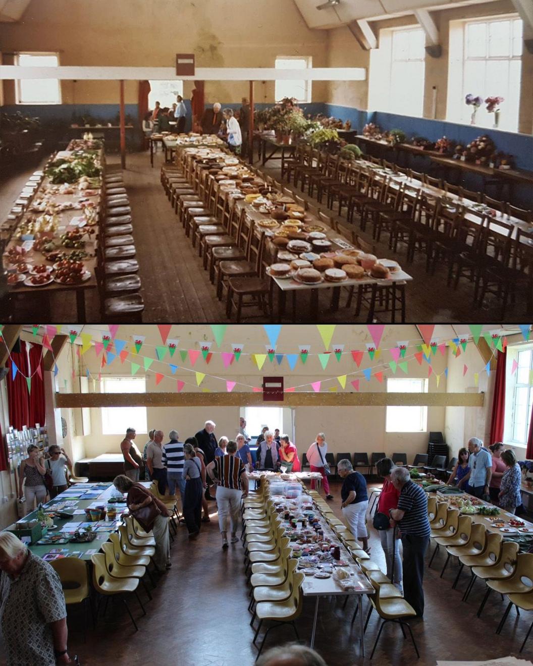 Y byrddau wedi eu gosod ar gyfer yr arddangosfa gynnyrch blynyddol yn yr 80au, a'r drefn heddiw sydd heb newid rhyw lawer!