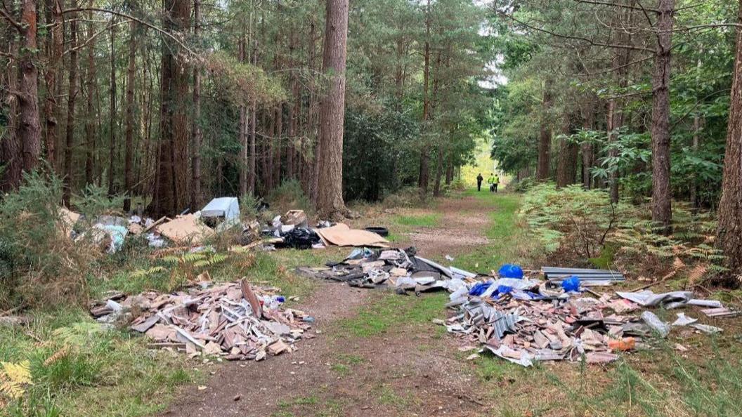 Rubbish all over the floor of the forest. Bin bags, old fridges, tyres, cardboard boxes and tyres are among the rubbish.
