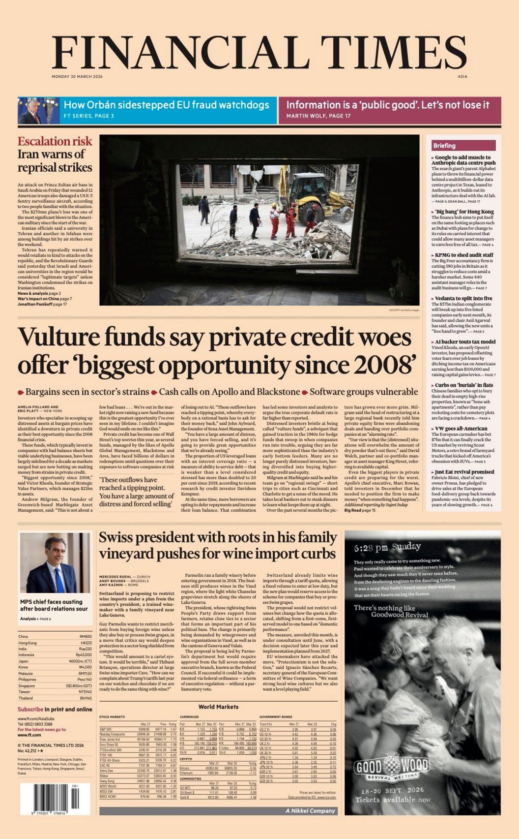 Titulli në faqen e parë të Financial Times thotë: “Fondet grabitqare thonë se problemet private të kreditit ofrojnë ‘mundësinë më të madhe që nga viti 2008’.”