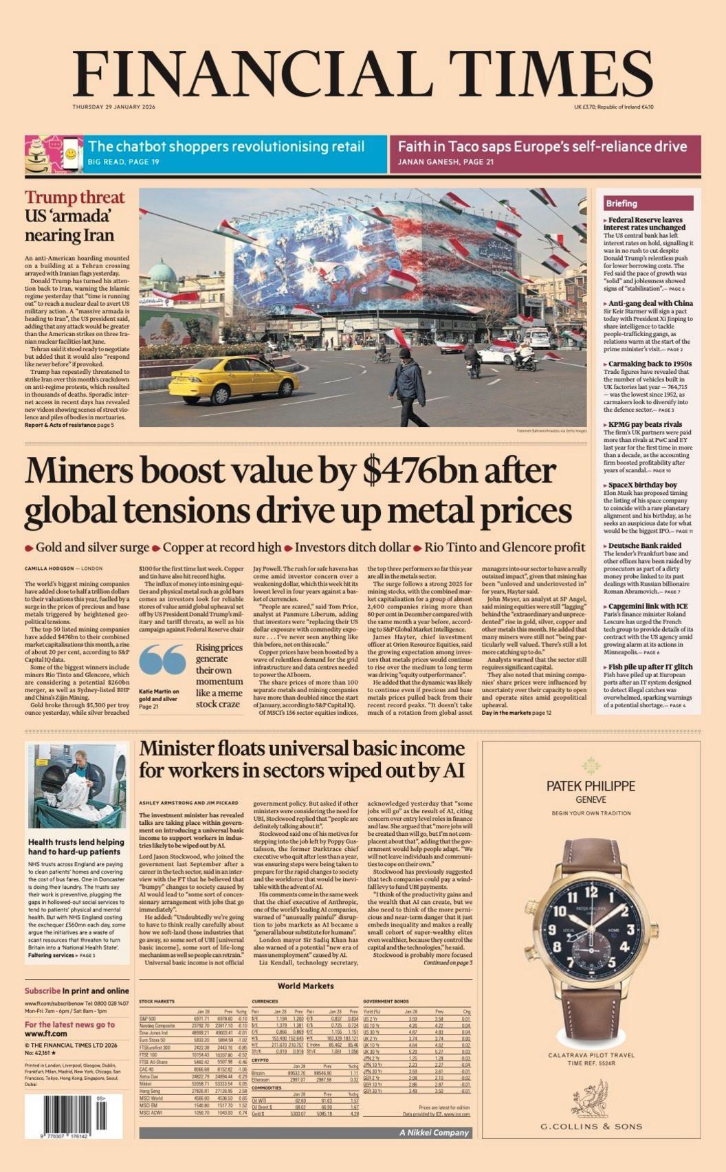 Titulli në faqen e parë të Financial Times thotë: "Minatorët rrisin vlerën me 476 miliardë dollarë pasi tensionet globale rrisin çmimet e metaleve".