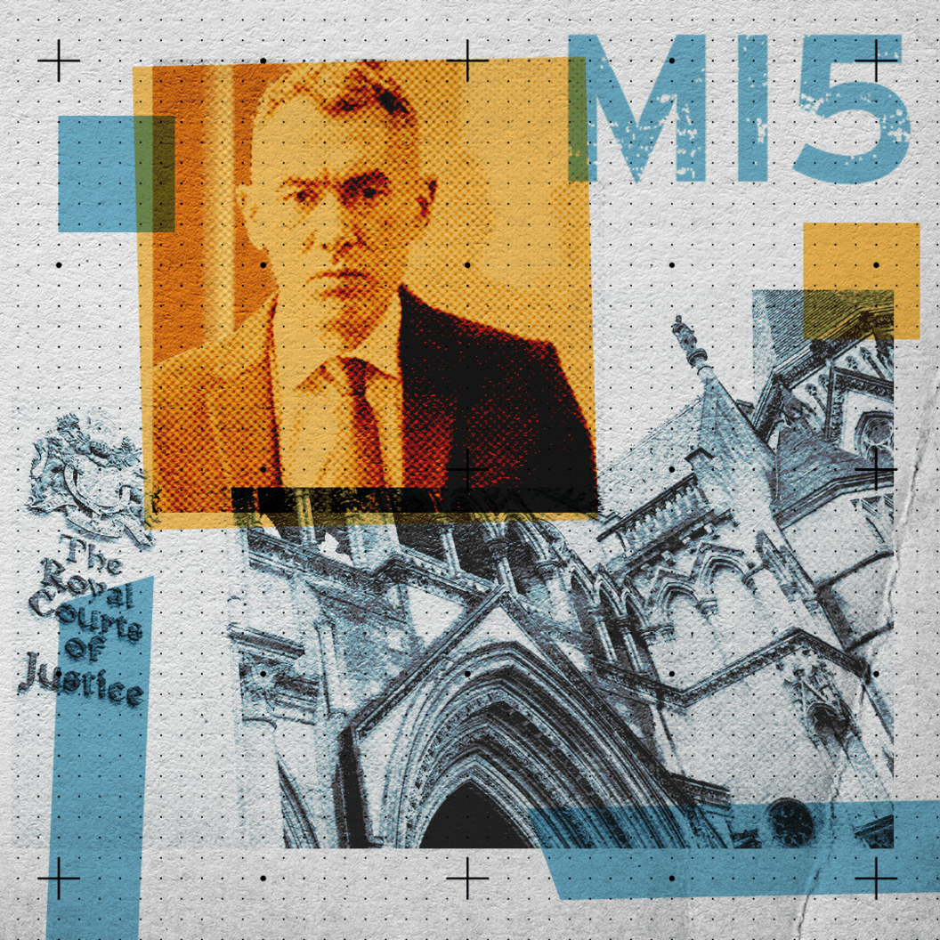 A composite image featuring a yellow-tinted photo of BBC reporter Daniel De Simone, a man wearing a suit and tie with short hair, a blue-tinted photo of the Royal Courts of Justice and part of the MI5 logo. The images are laid on a grid design with accents of yellow and blue.