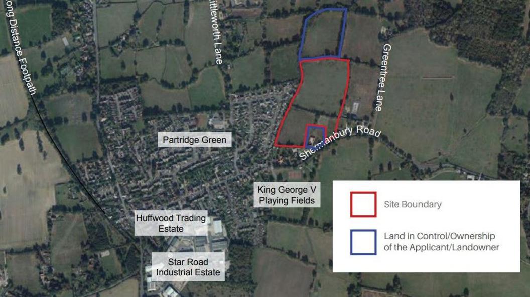 A planning map of Partridge Green, showing where the proposed 120 homes will be built.