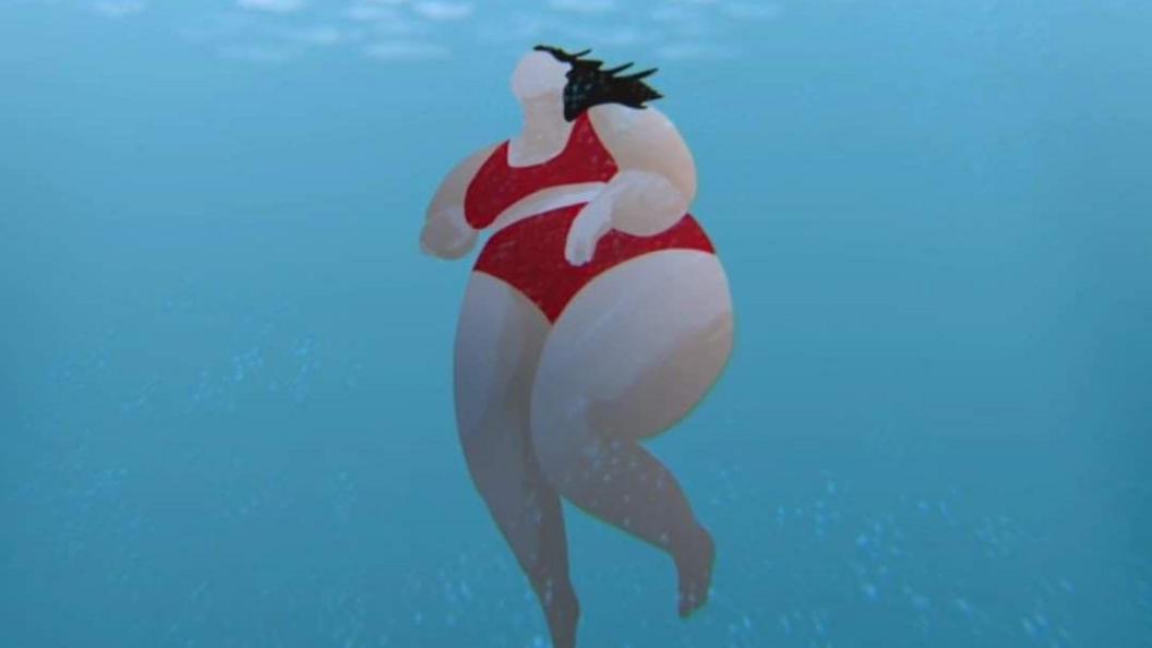 A still from the animated short film which shows a cartoon of Katie in a red bikini underwater. 