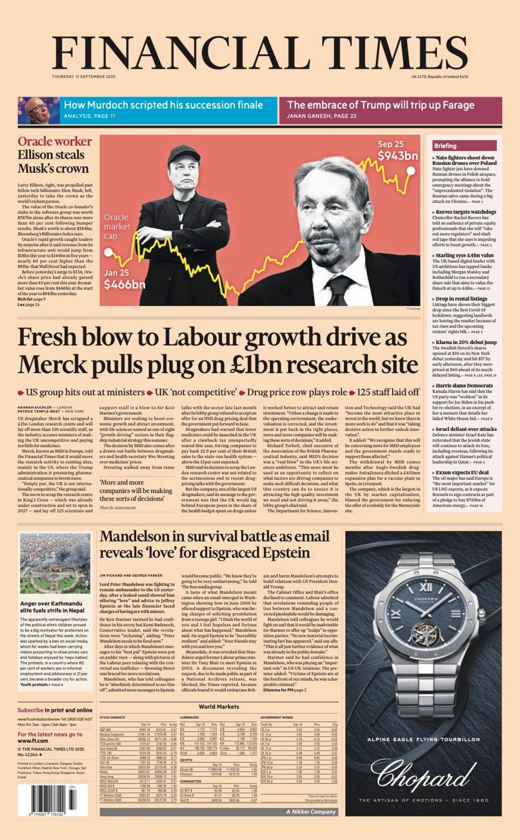 The headline on the front page of the Financial Times reads: “Fresh blow to Labour growth drive as Merck pulls plug on £1bn research site”.