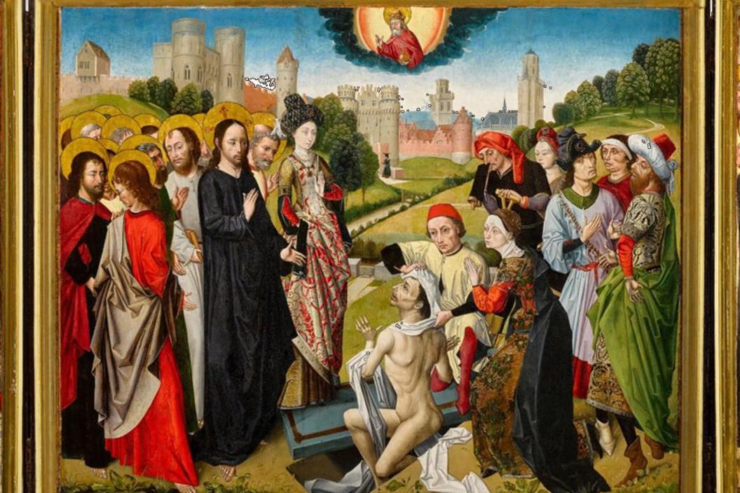 Close-up of the central image of the triptych depicting Jesus and his apostles with gold halos on their heads on the left. Jesus is holding up his hand to a naked man on the ground. Watching, on the right of the picture, is another group of people dressed in fine medieval clothes. In the background is a large castle. In the sky is a sun and at the centre is a bearded man in red robes with a large gold halo.