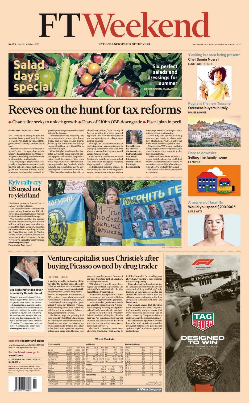 The headline on the front page of the Financial Times reads: "Reeves on the hunt for tax reforms".