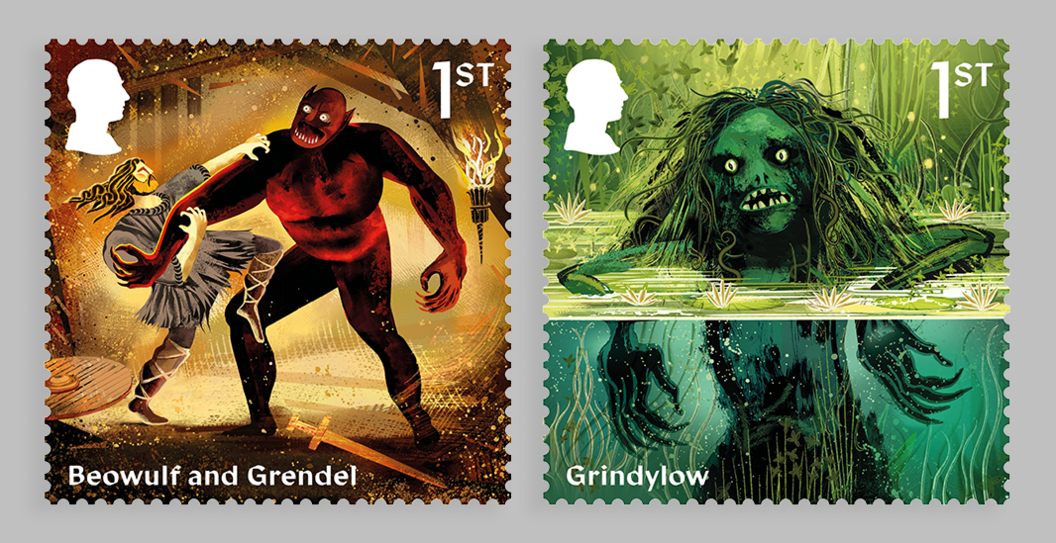 The stamp on the left shows a fight between Beowulf and Grendel and the stamp on the right a Grindylow, with half its head above water and the rest underwater