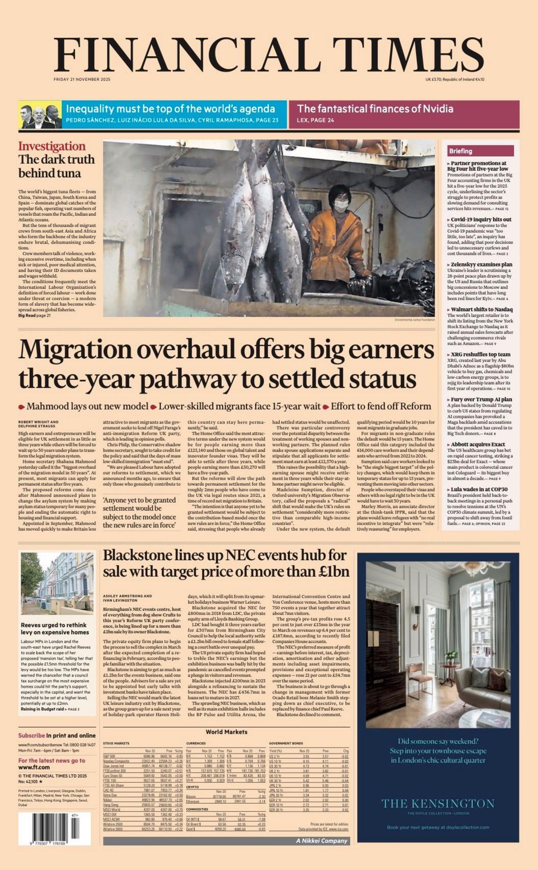 The headline on the front page of the Financial Times reads: “Migration overhaul offers big earners three-year pathway to settled status”.