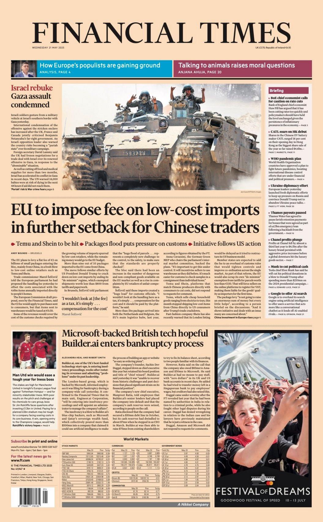 The headline of the front page of the Financial Times reads: "EU to impose fee on low-cost imports in further setback for Chinese traders".