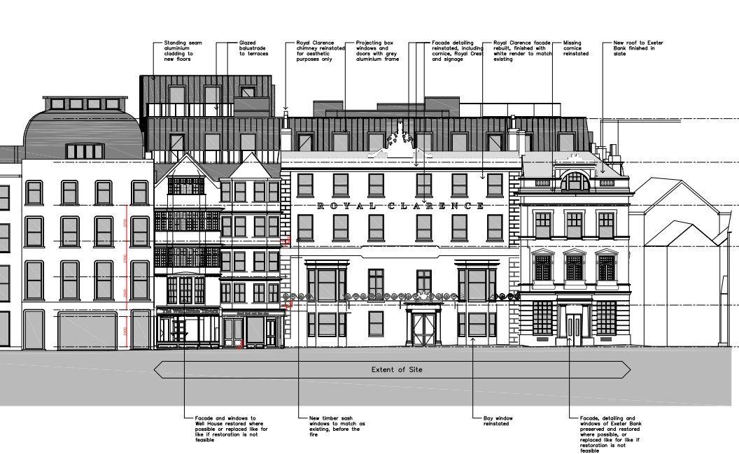 An architectural elevation plan showing proposed renovations to buildings including the Royal Clarence Hotel. Annotations highlight restored facades, new roofs, timber sash windows, and glazed terrace screens.