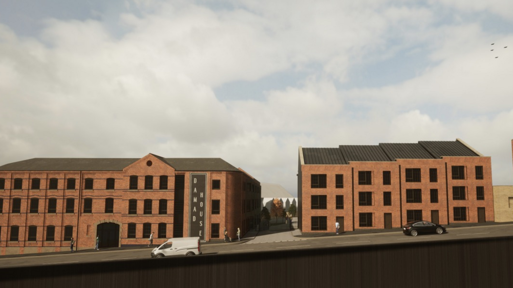 Artist's impression showing two large brick mill buildings with lots of windows