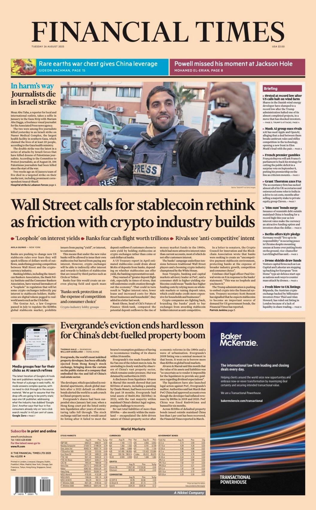 The headline on the front page of the Financial Times reads: "In harm's way".