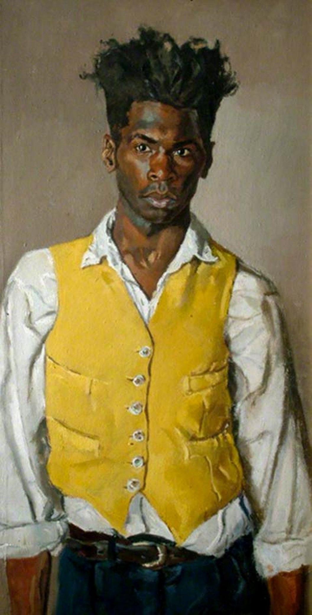 The artist has painted himself looking directly at you.  His hair stands up and he wears a yellow waistcoast.