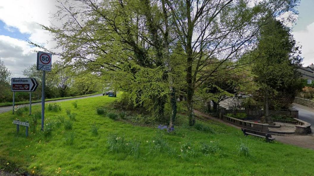 A green space with plans and trees. To the left is a road sign saying Beetham.