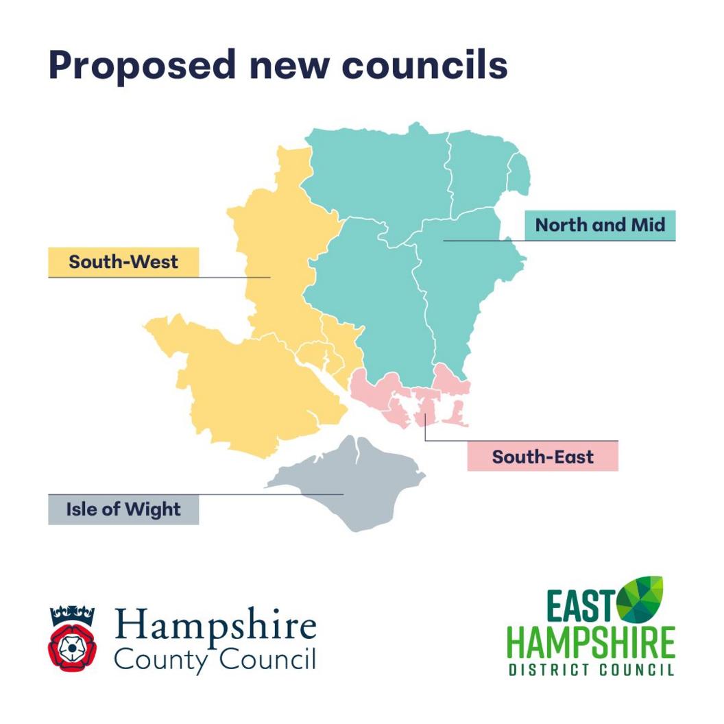 Map shows four councils - a South West council in yellow covering Southampton, Eastleigh, New Forest and Test Valley. A South east council in peach covering Fareham, Gosport, Portsmouth and Havant. The Isle of Wight coloured grey stays alone. And the north and mid council in turquoise blue covers Winchester, Hart, Basingstoke and rushmoor.