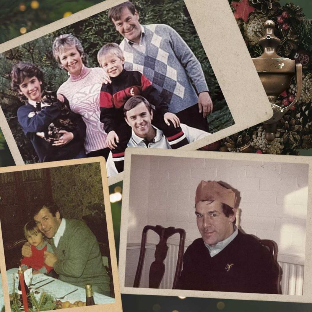 Photograph of three layered archive photos. The bottom right photo shows Ronnie Lockwood wearing a paper Christmas cracker hat, while the bottom left photo shows Ronnie holding Rob and Dianne Parson's son, Lloyd, at the Christmas table. 