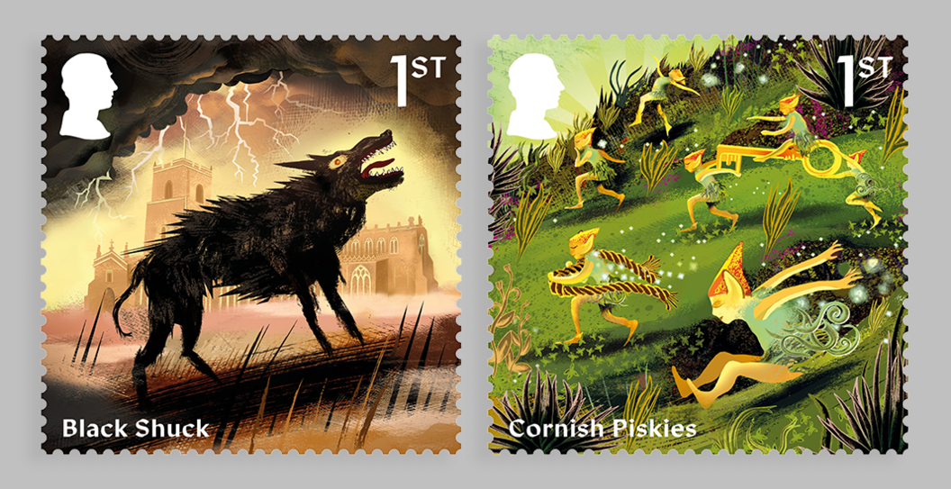 The stamp on the left depicts the Black Shuck hound and the one on the right Cornish piskies running down a hill