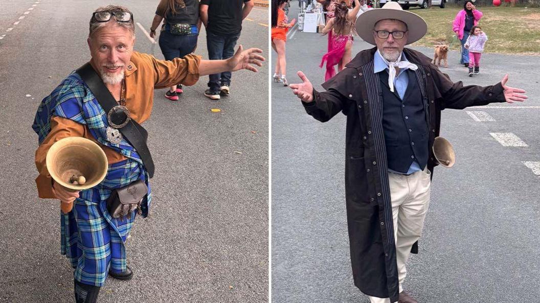 Two pictures side by side of Joseph McGrail-Bateup dressed up as the town crier.