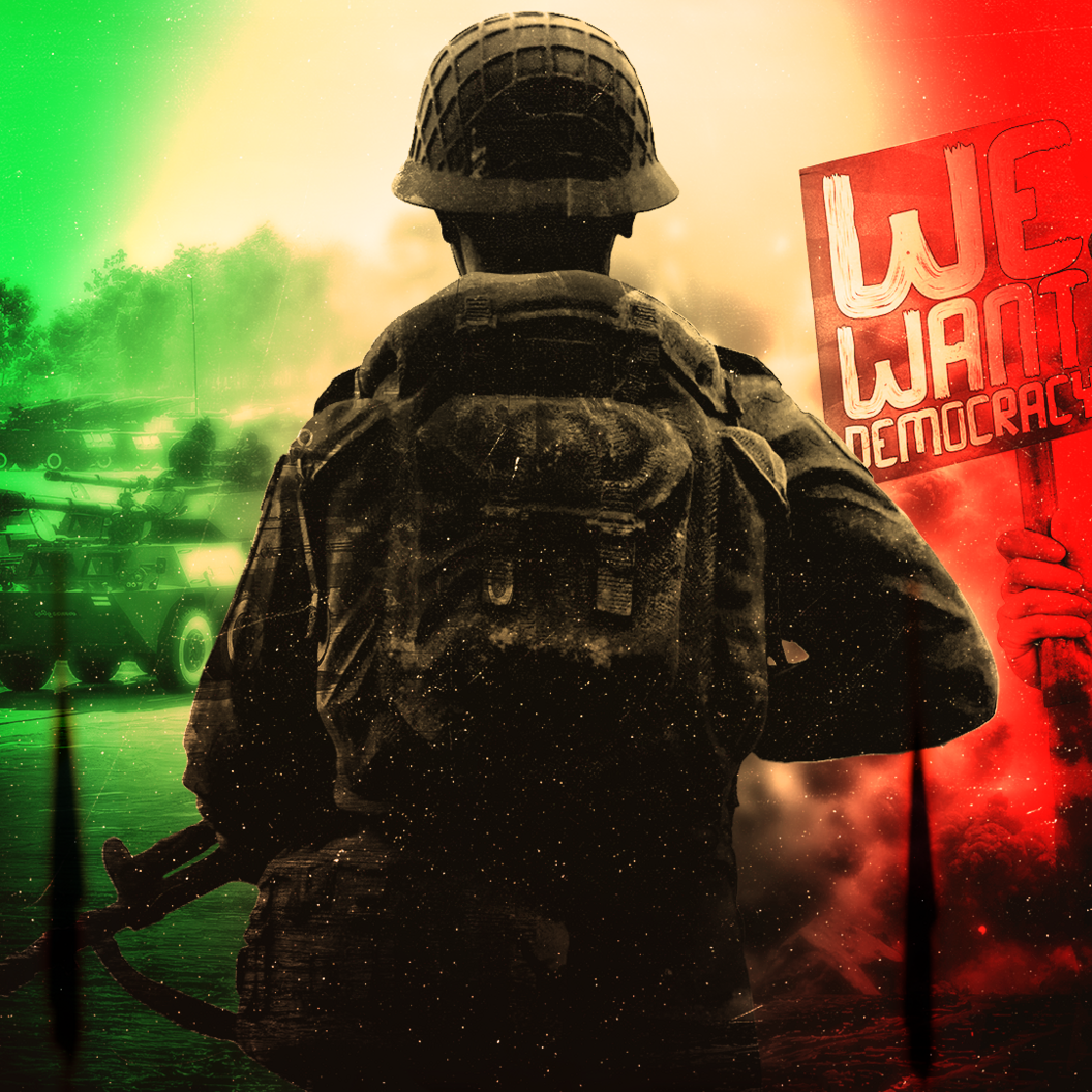 A composite image showing the back of a soldier in the centre, with a hand showing 'We want democracy' on the right, with a red colourwash, and tanks with a green colourwash on the left.