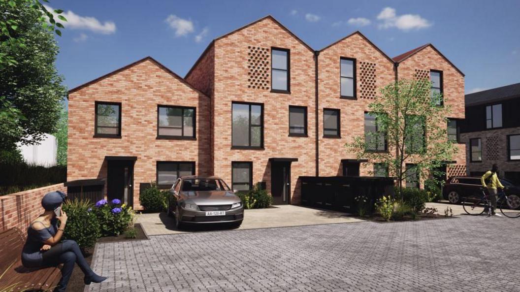 An artist's impression of four terraced houses with two cars, a bike, trees and shrubbery in the front. To the left of the image a woman sits on a bench with a mobile phone against her ear. 