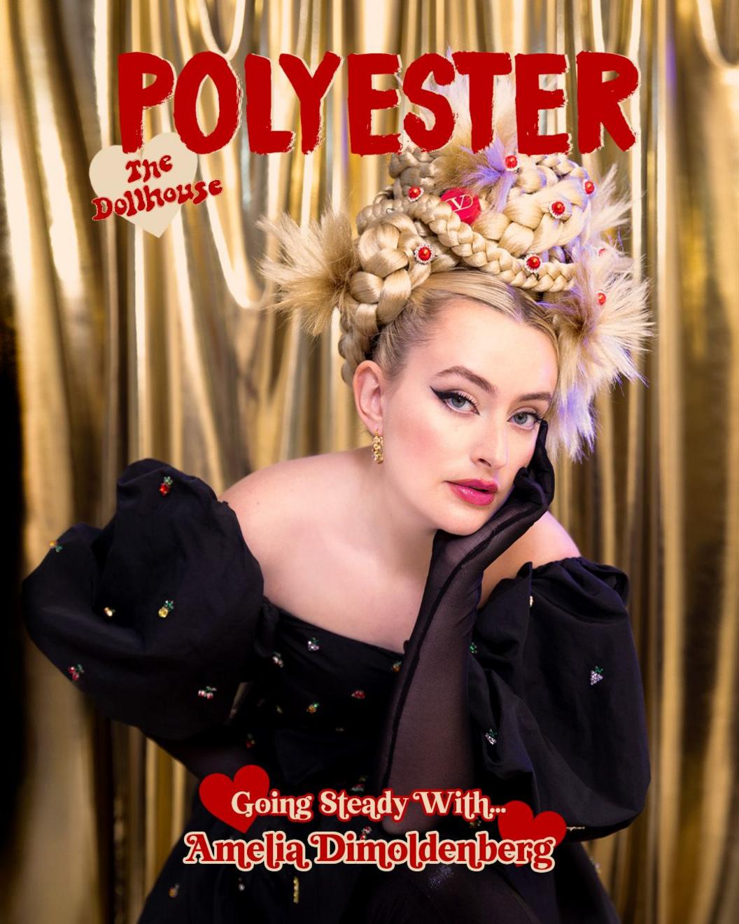 Amelia Dimoldenberg on the cover of Polyester magazine. Her blonde hair is plaited nigh on her head and she is wearing a black shoulderless dress.