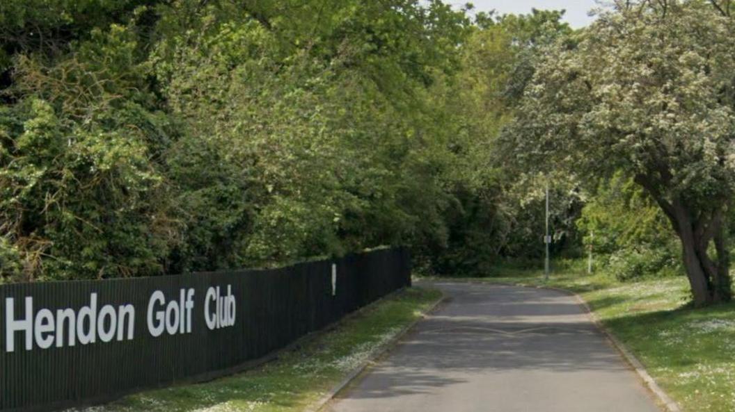 Google Maps image of tree-lined Hendon Golf Club entrance