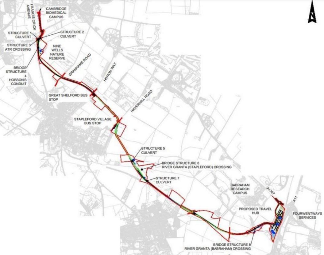 Map of the proposed route. A white background with grey areas showing the built up areas. The route is in red and and runs from the Cambridge biomedical campus in the north-east to Fourwentways Services in the south-west. 