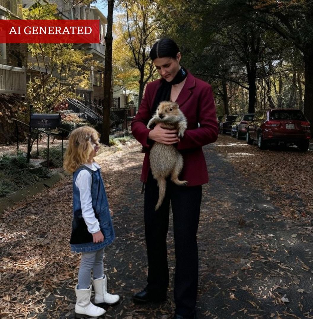 An example of the AI trend gone wrong. It shows a woman holding a rodent like animals, her hand looks strange, as if it has been badly edited and her face is distorted.