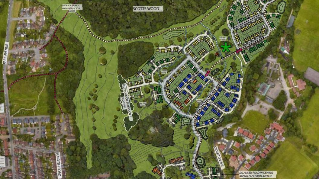 A computer generated image from above of the layout of a proposed housing development. There is a mix of housing and green space.