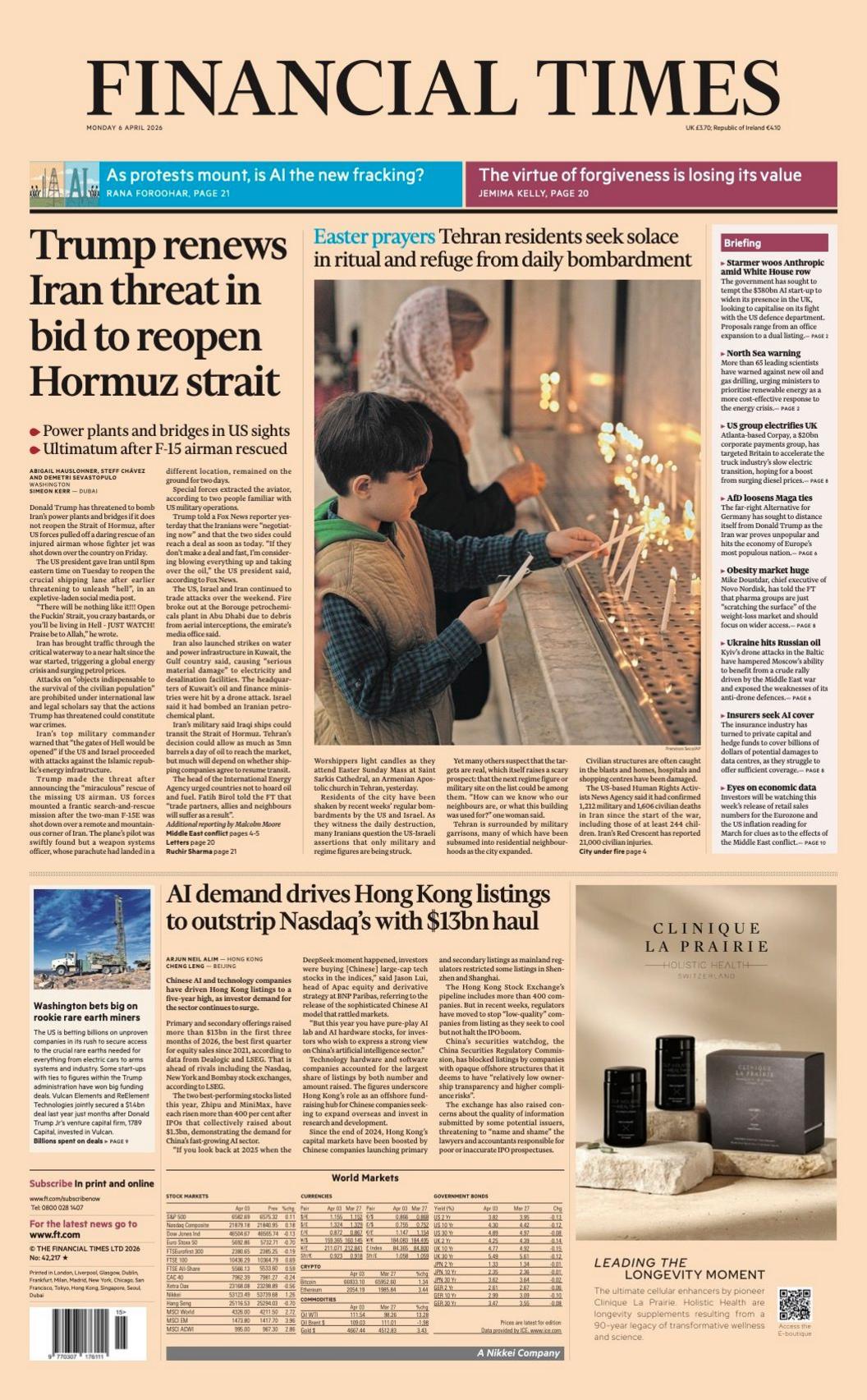 Titulli në faqen e parë të Financial Times thotë: “Trump përsërit kërcënimin ndaj Iranit në përpjekje për të hapur Ngushticën e Hormuzit”.