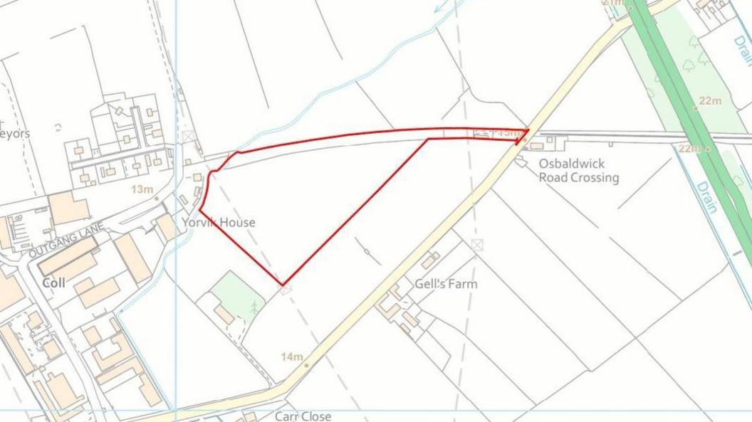 A map showing the area mapped out with a red line, between Yorvik House and Osbaldwick Road Crossing