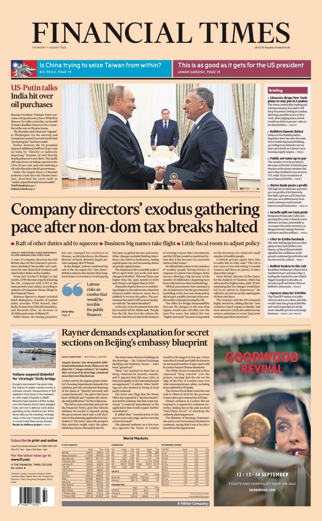 The headline on the front page of the Financial Times reads: “Company directors' exodus gathering pace after non-dom tax breaks halted”