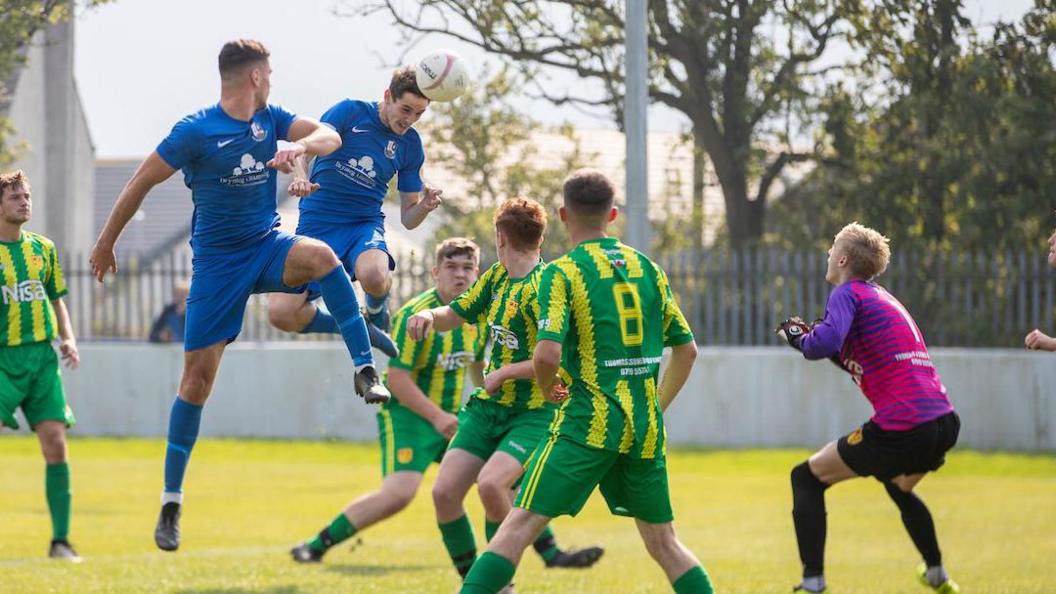 Llangefni Town's Jamie Thomas makes it 2-0 during the JD Welsh Cup First Round fixture against Gaerwen