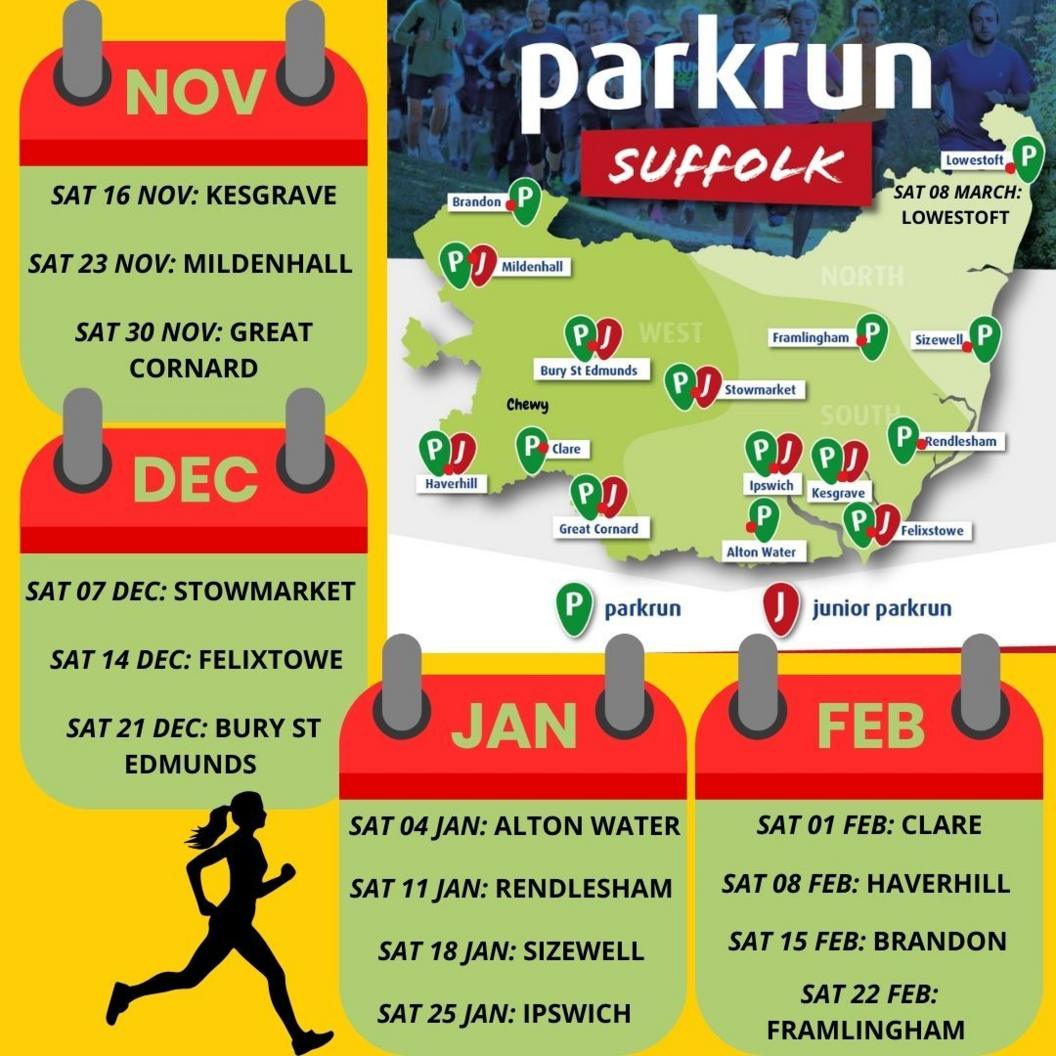 An info-graphic detailing Mrs Lawrence's Parkrun schedule.