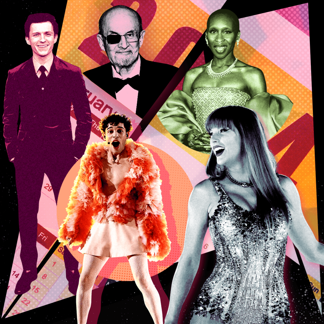 A colourful graphic showing various celebrities from 2024, including Taylor Swift, Salman Rushdie and Cynthia Erivo