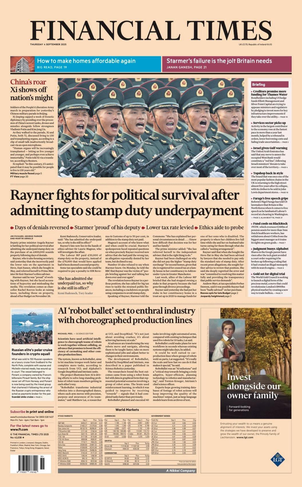 The headline on the front page of the Financial Times reads: "Rayner fights for political survival after admitting to stamp duty underpayment."