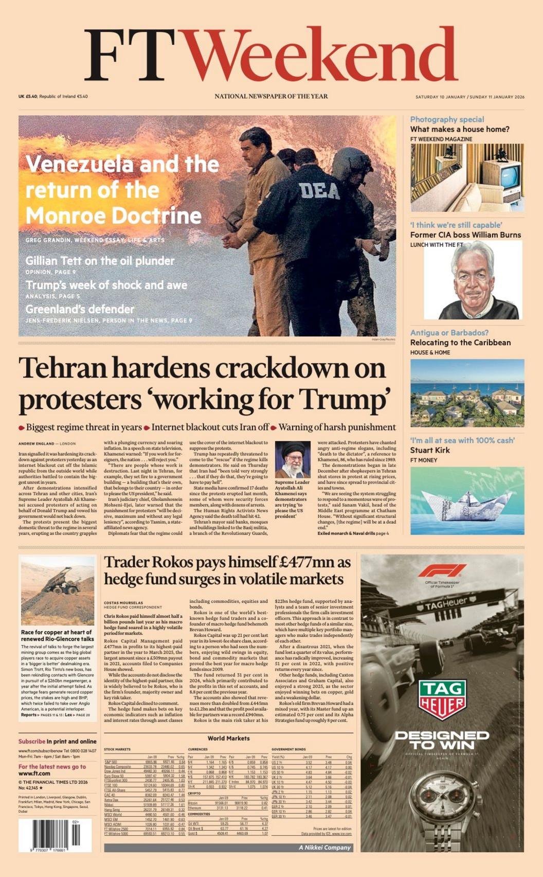 Titulli në faqen e parë të Financial Times thotë: “Teherani ashpërson masat e shtypjes ndaj protestuesve që ‘punojnë për Trumpin’”.