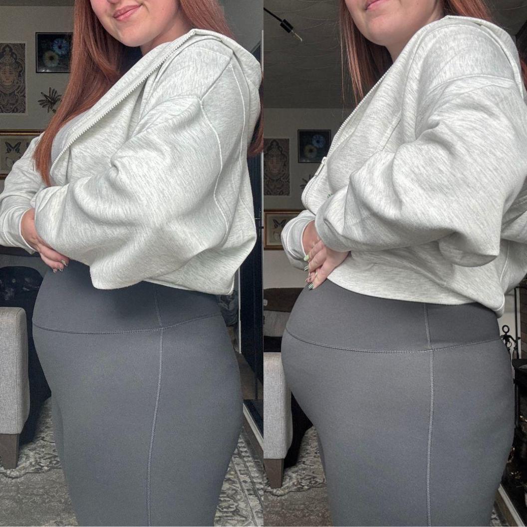 Two profile pictures of Amy-Jane side-by-side show her at the start of the day and at the end. There is a noticeable difference between the image on the left and the one on the right as her stomach is visibly more bloated.