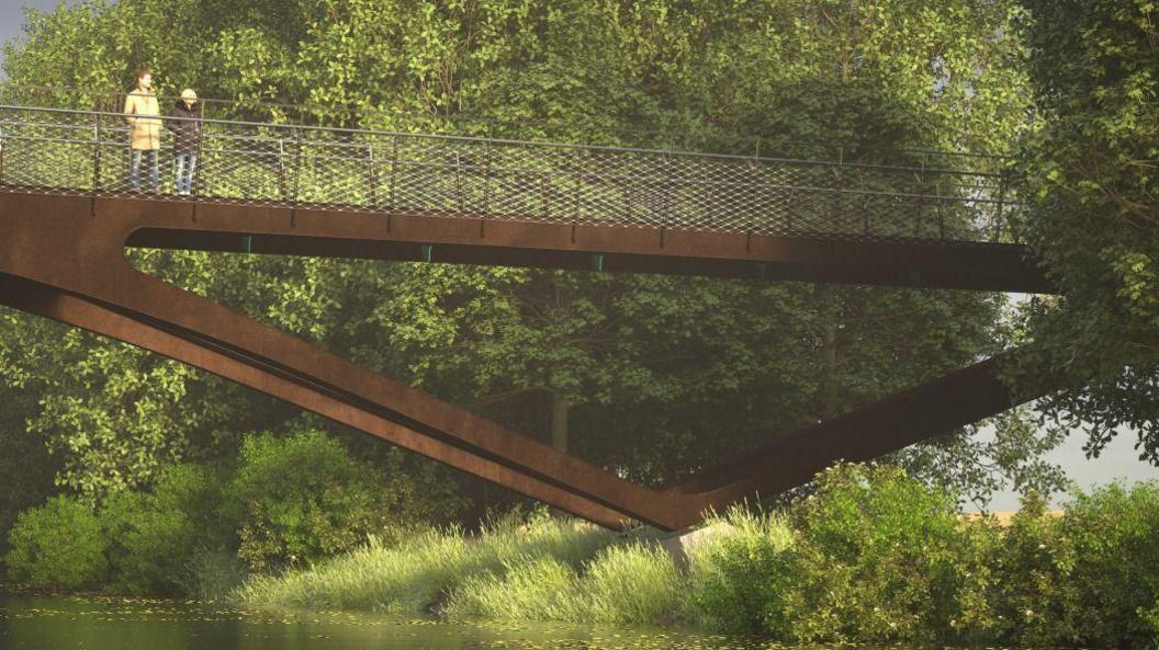 An artist's impression of a brown coloured bridge with silver railings above the bank of a river. Two people are standing on the bridge.