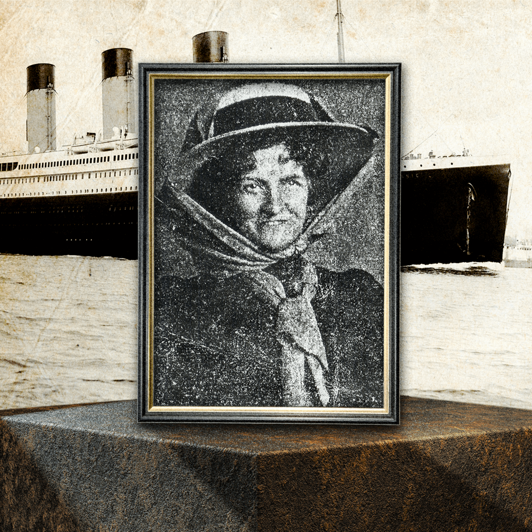 A photograph of Titanic passenger Marian Meanwell, smiling and wearing a big hat, superimposed on a picture of the Titanic (photo Encyclopedia Titanica/Getty Images)