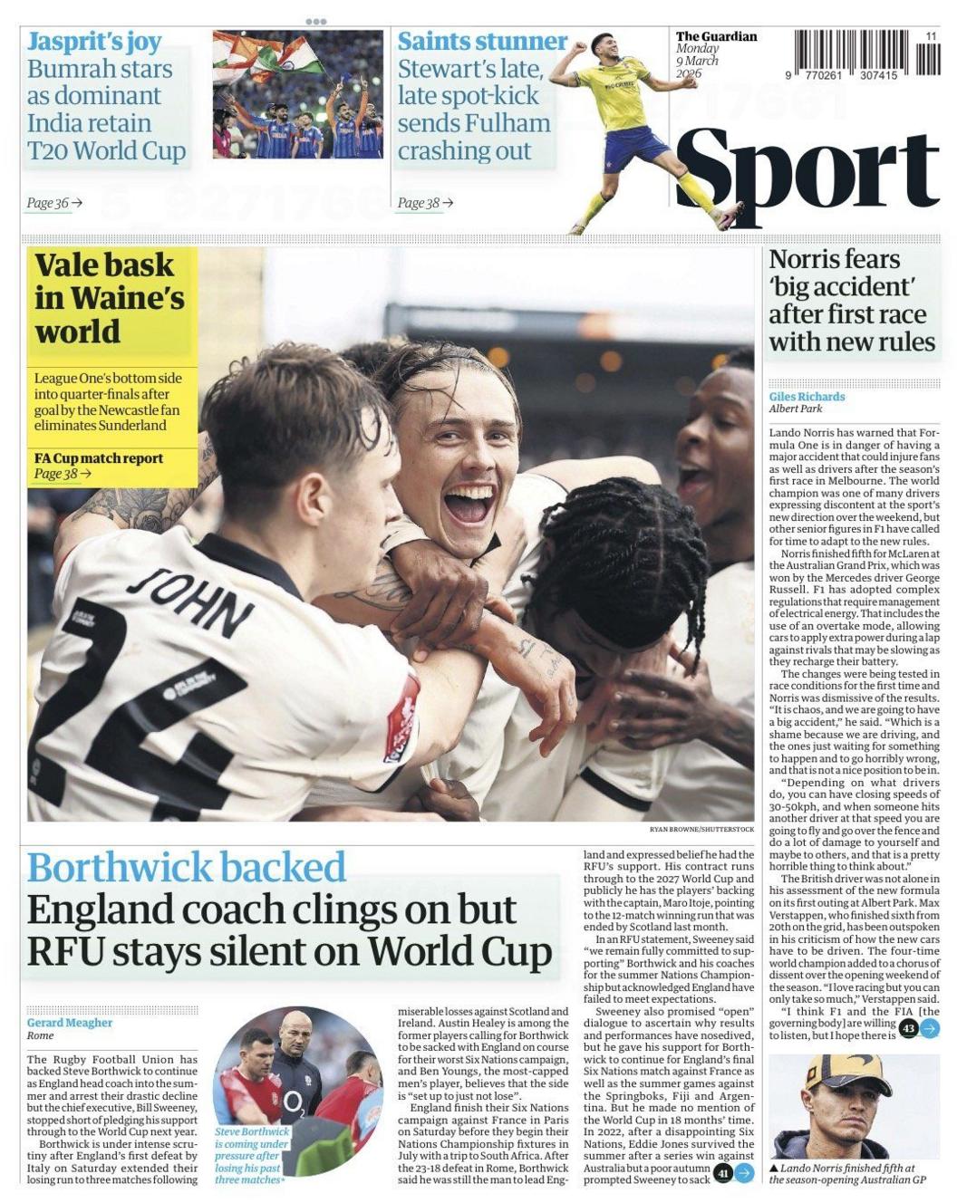 The Guardian back page - Monday 9 March 2026