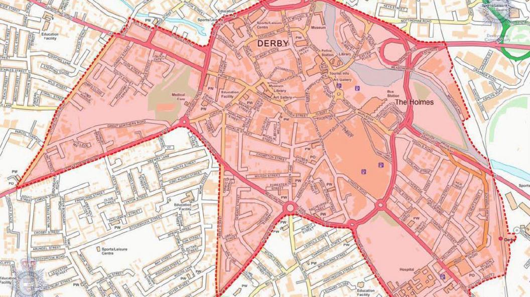 A map of Derby city centre, with the area affected by the dispersal order highlighted.