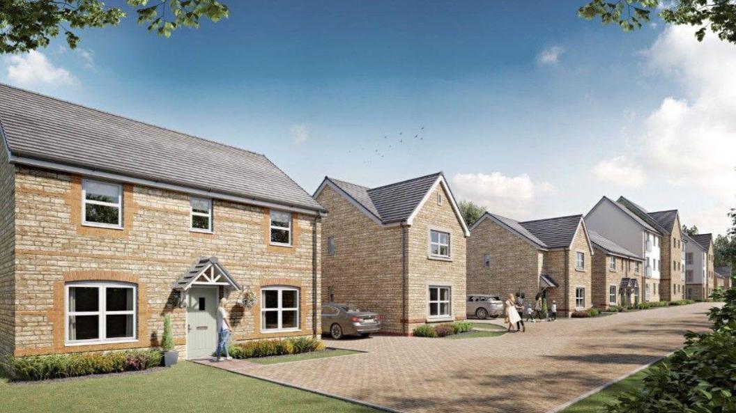 An artists impression of how the new houses would have looked. They are made of light brown stone with grey roofs and neat gardens